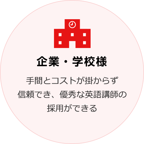 企業・学校様は手間とコストが掛からず信頼でき、優秀な英語講師の採用ができる